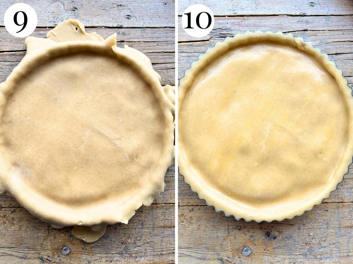 Two photos showing how to seal a pastry tart.