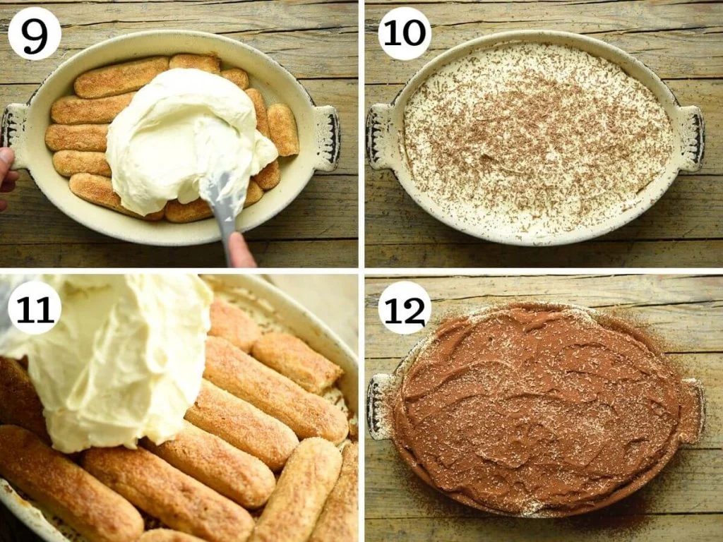 Step by step photos showing how to assemble tiramisu