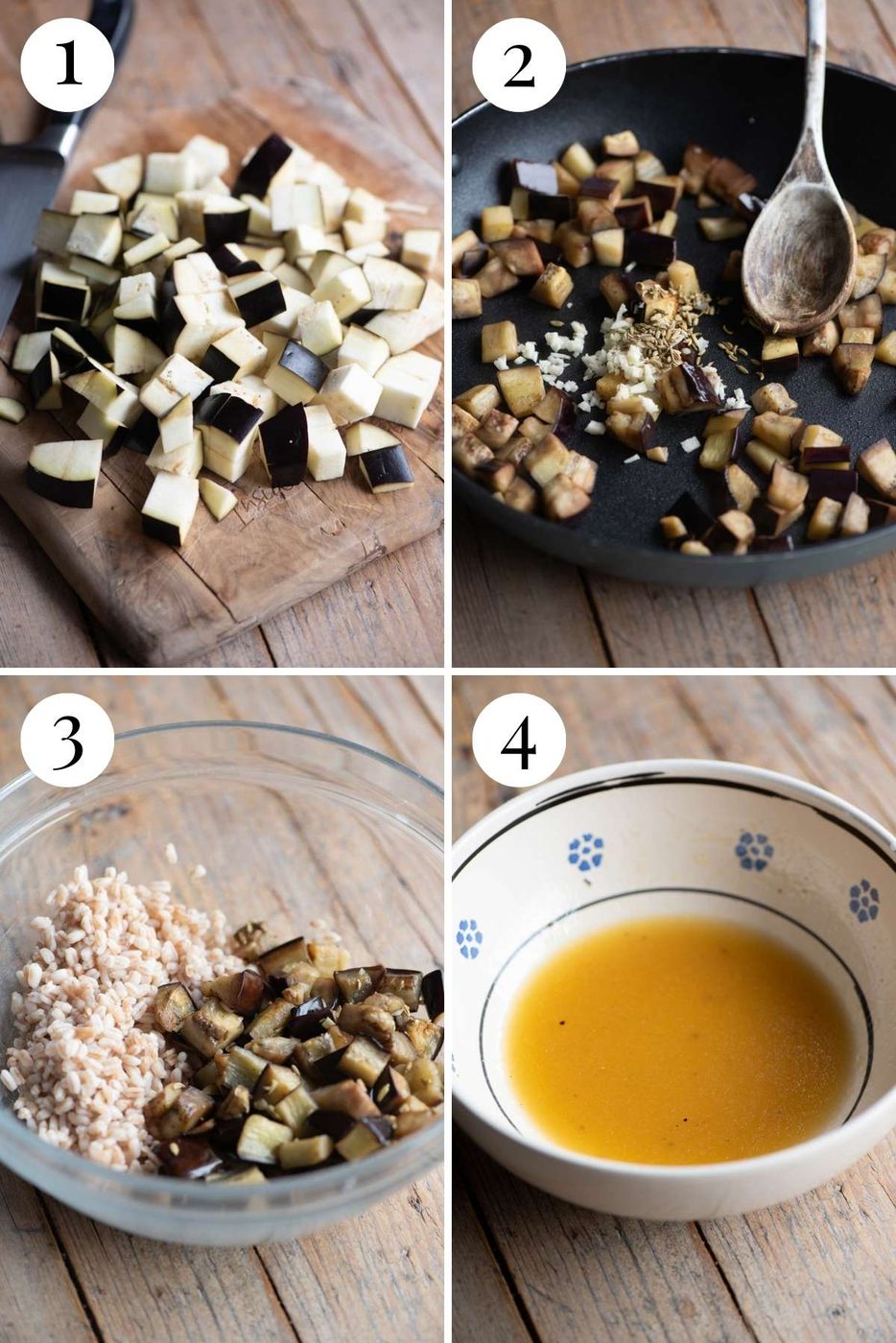 Four photos in a collage showing how to saute eggplant and make a dressing.