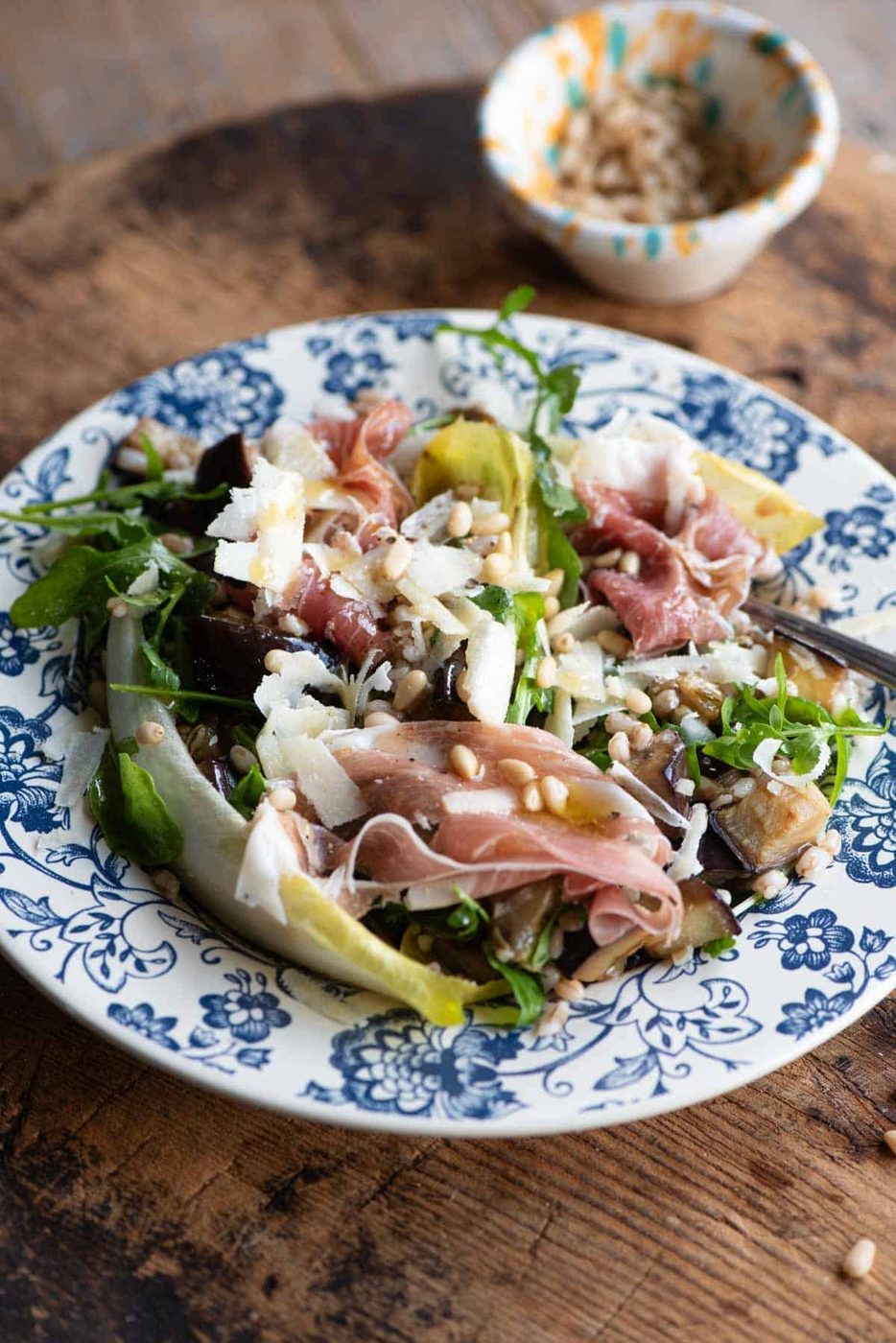 Eggplant Farro Salad, plus Chicory and Prosciutto