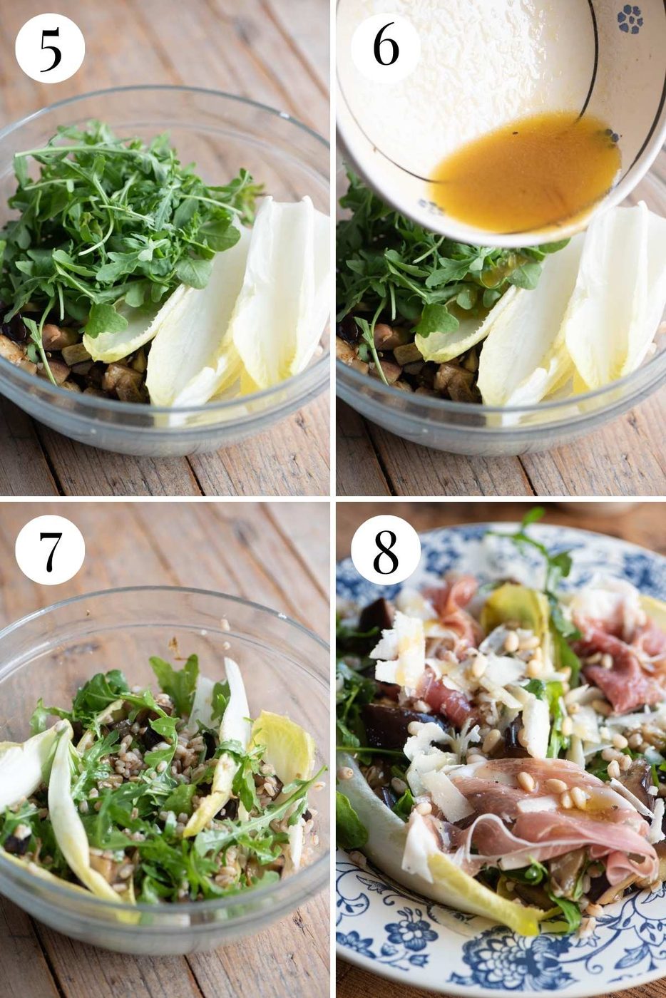 Four photos in a collage showing how to assemble an eggplant and farro salad.