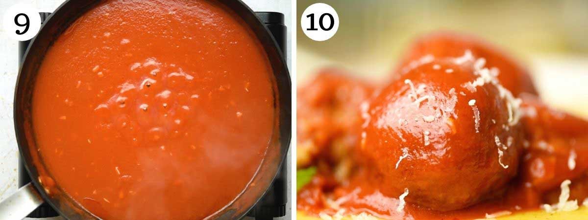 Step by step photos showing how to make a tomato sauce for eggplant meatballs