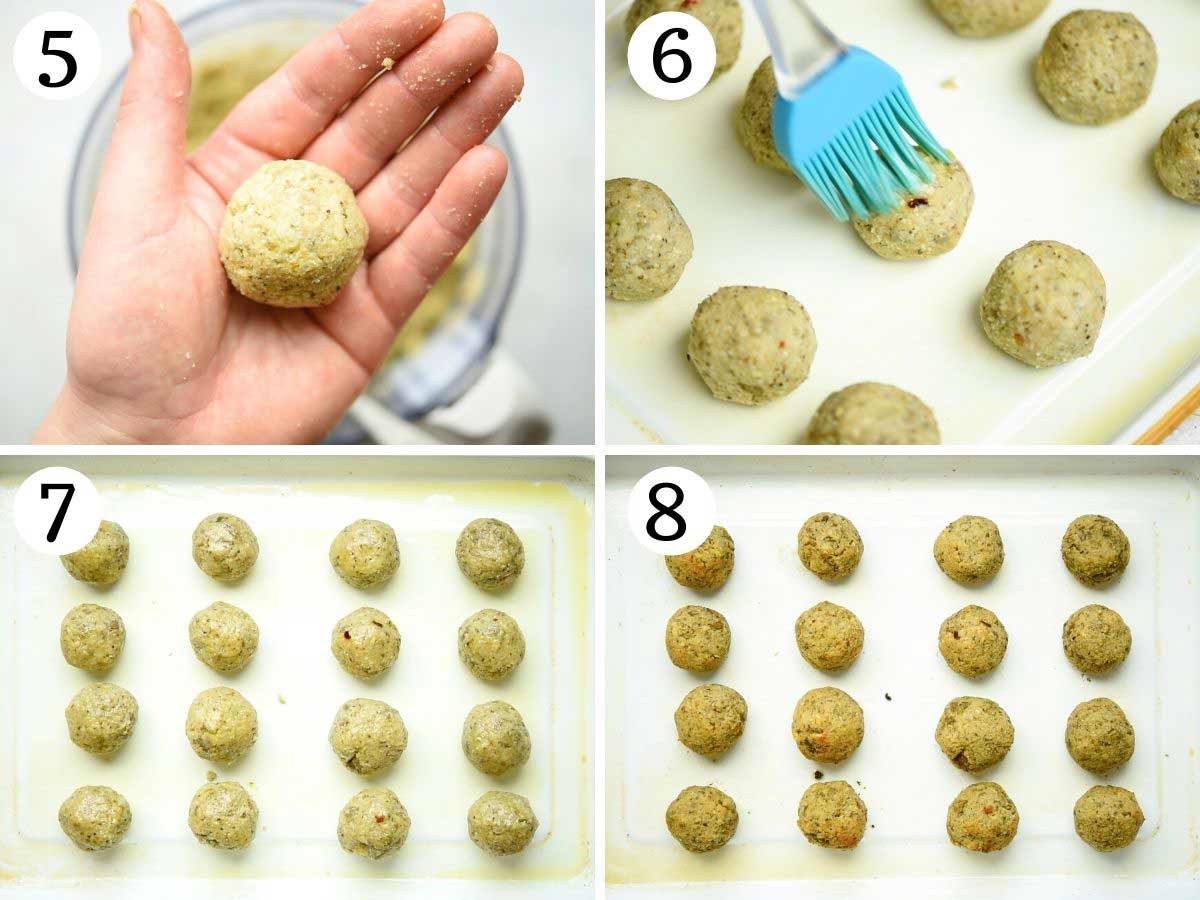 Step by step photos showing how to roll eggplant meatballs