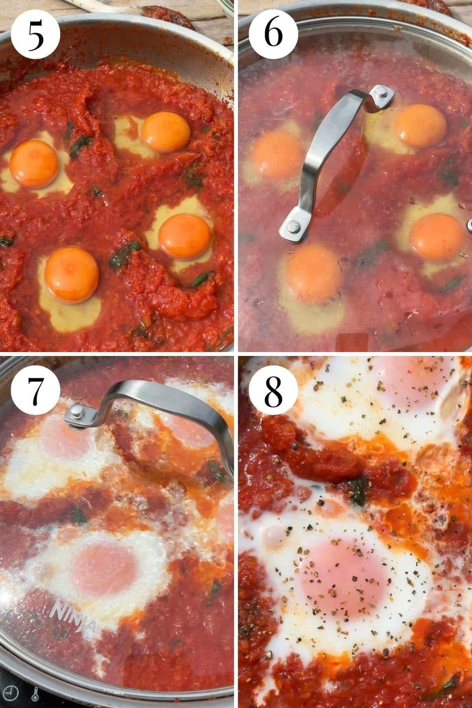 Four photos in a collage showing how to lightly poach eggs in a tomato sauce.