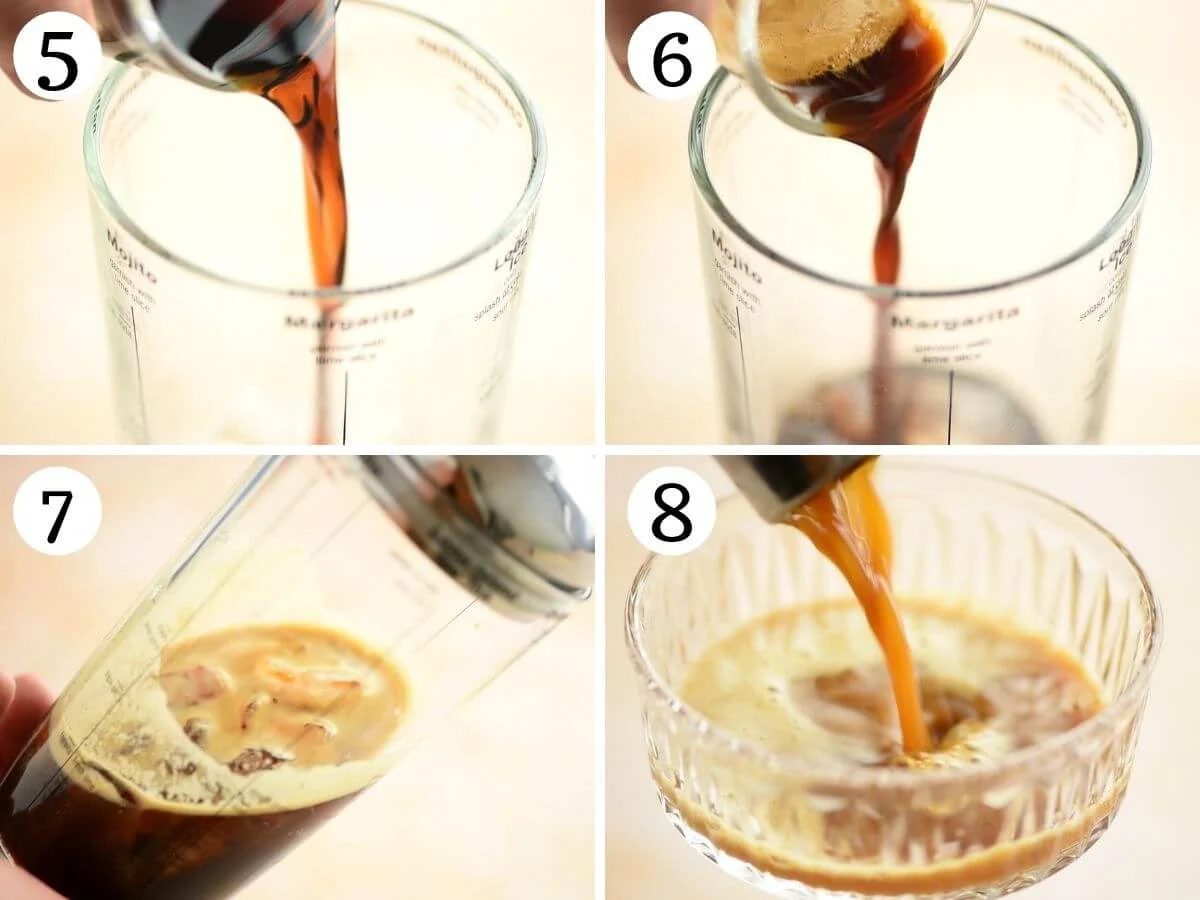 Step by step photos showing how to make and pour and espresso martini
