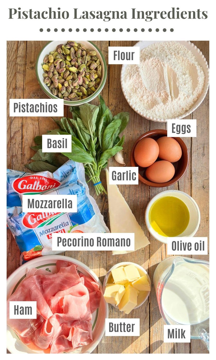 All the ingredients needed to make a Pistachio lasagna laying on a wooden surface.