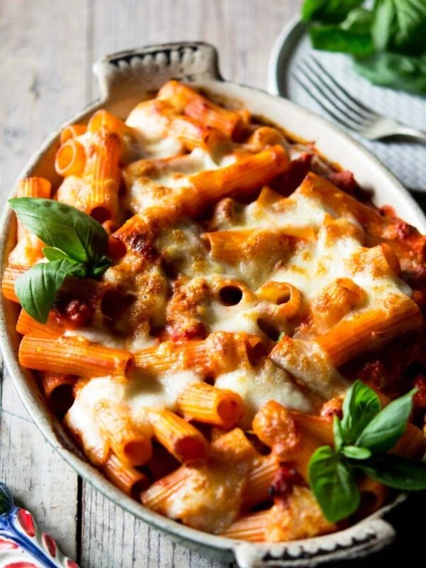 A close up of a sausage pasta bake