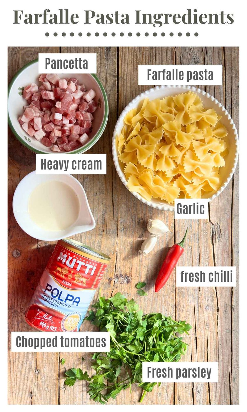 An overhead shot of all the ingredients needed to make farfalle pasta with garlic and chilli. The text overlay reads: pancetta, farfalle pasta, heavy cream, chopped tomatoes, garlic, fresh chilli, fresh parsley.