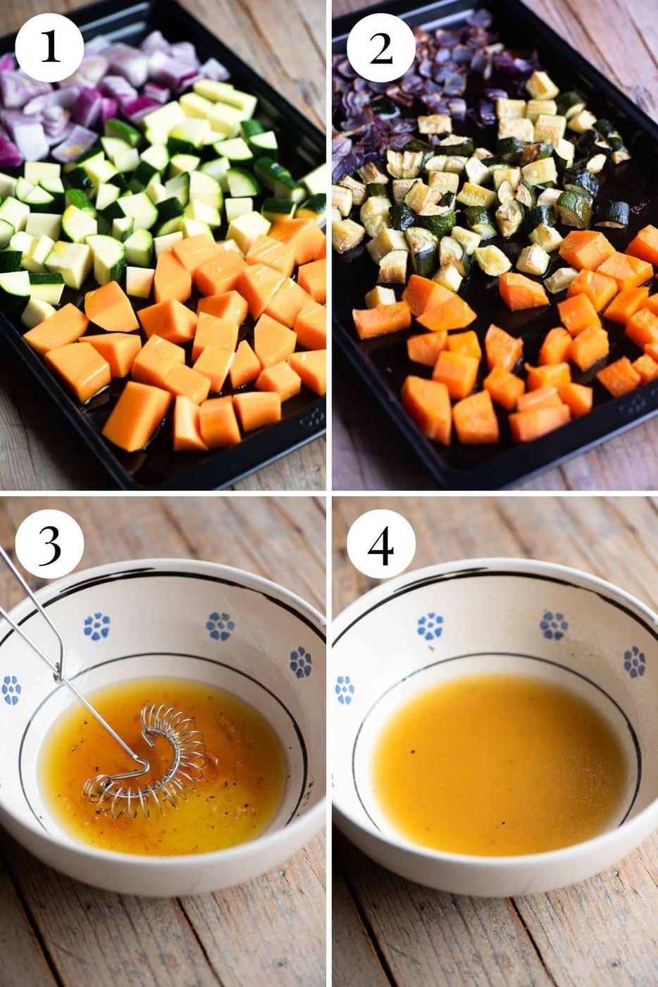 Four photos in a collage showing how to roast vegetables and make a salad dressing.