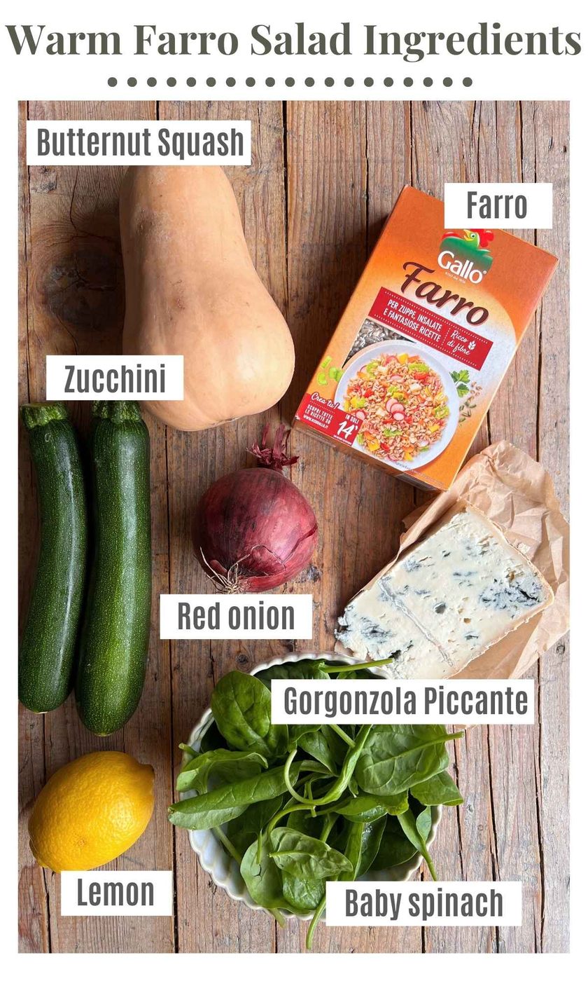 An overhead shot of all the ingredients needed to make a warm farro salad with butternut squash.