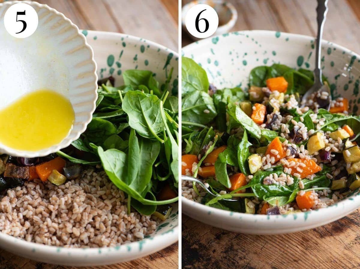 Two photos in a collage showing how to mix a farro salad.
