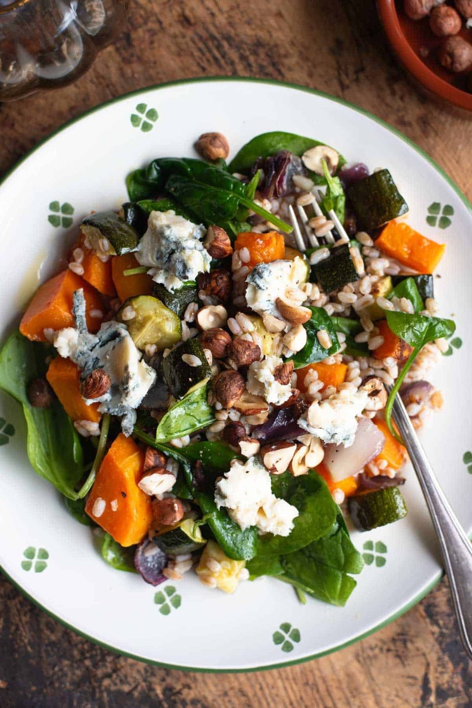 Warm Farro Salad and Butternut Squash and Gorgonzola