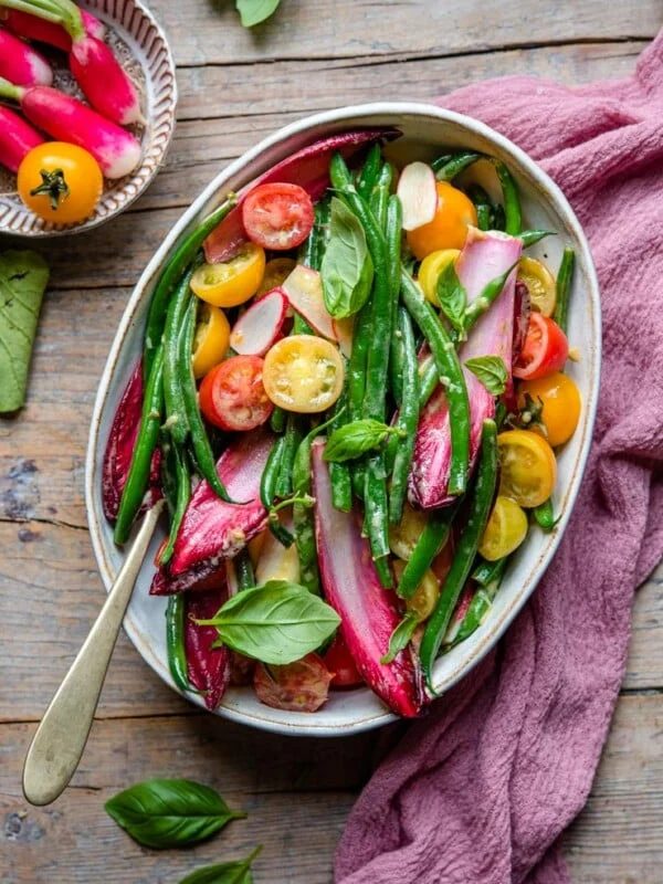 An overhead shot of a green bean salad
