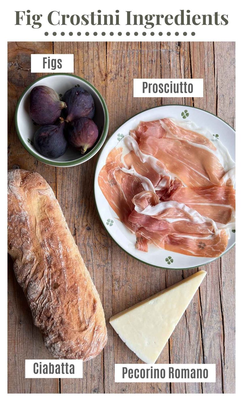 An overhead shot of all the ingredients needed to make fig crostini with pecorino and prosciutto.