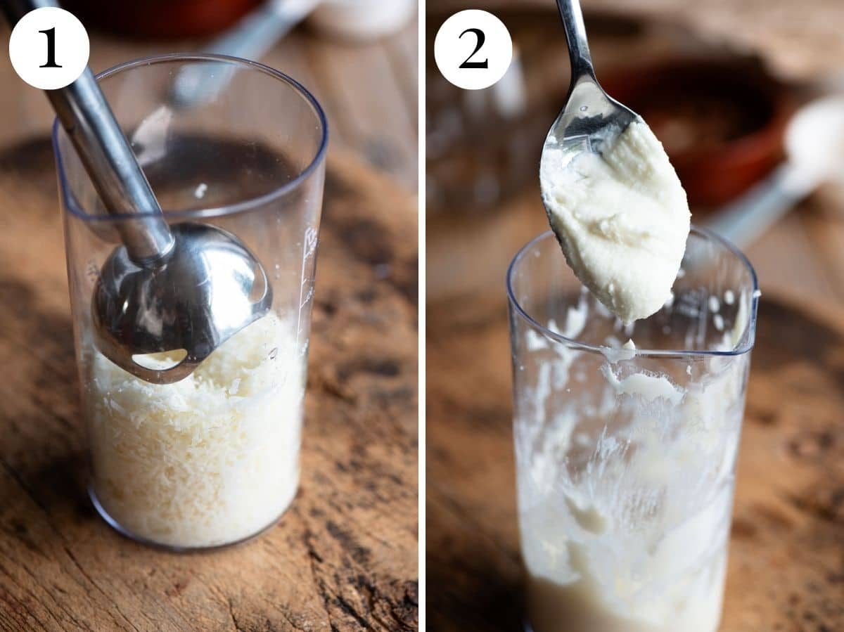 Two photos showing how to make Pecorino cream with an immersion blender.