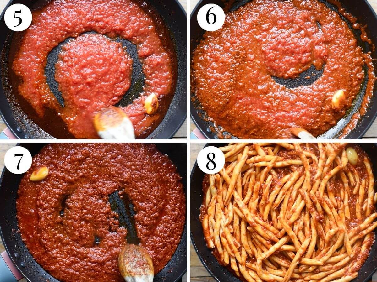 Four photos in a collage showing how to make an Nduja pasta sauce with Fileja pasta.