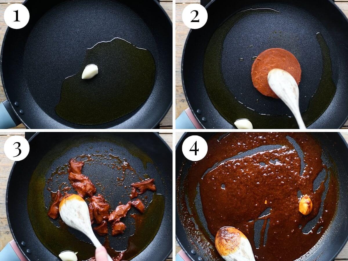 Four photos in a collage showing how to saute garlic and Nduja sausage.