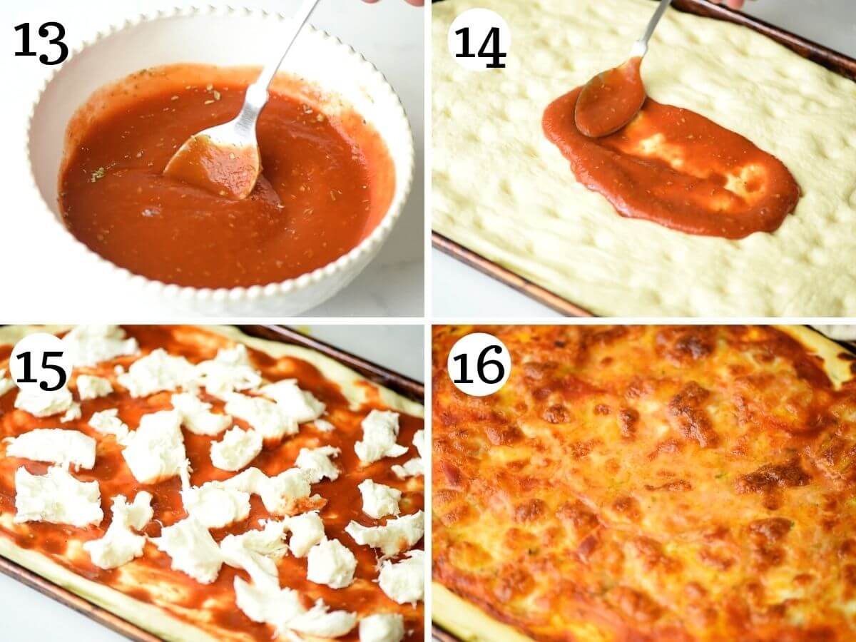 step by step photos showing how to put toppings on a focaccia pizza