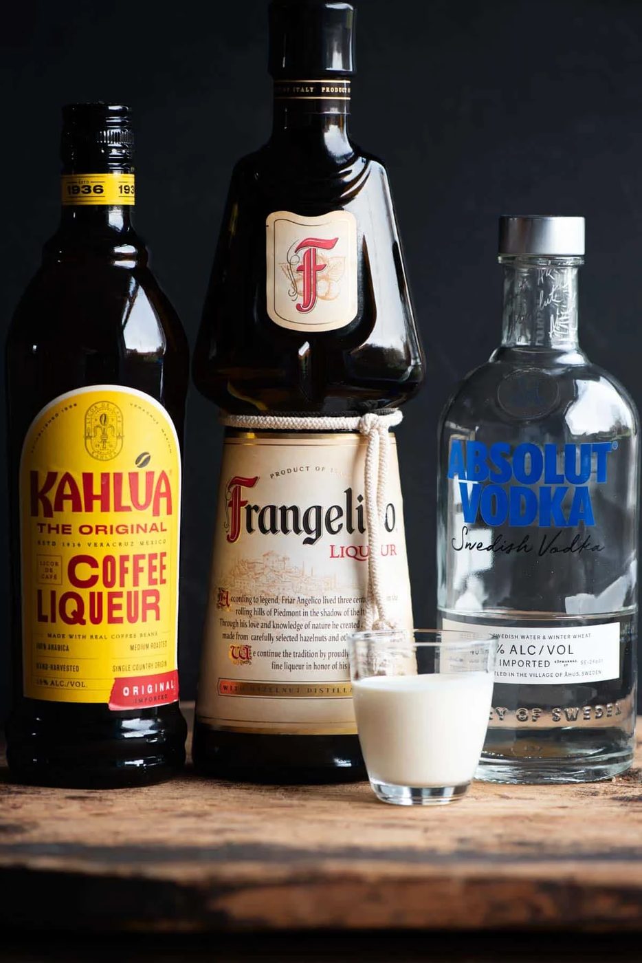 A side shot of all the ingredients you need to make a Frangelico White Russian.