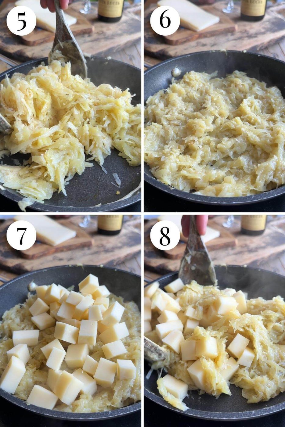 Four photos in a collage showing how to make a cheese potato and onion cake called Frico.