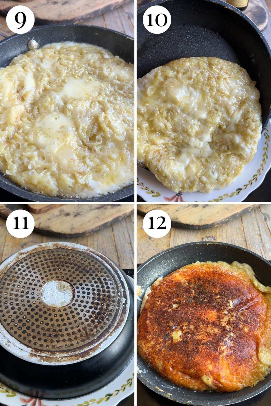 Four photos in a collage showing how to flip Frico over to cook the other side.