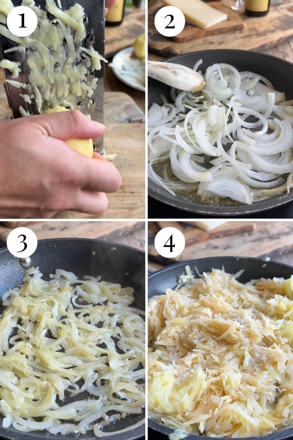 Four photos in a collage showing how to grate potato and saute onion and potato in a pan.