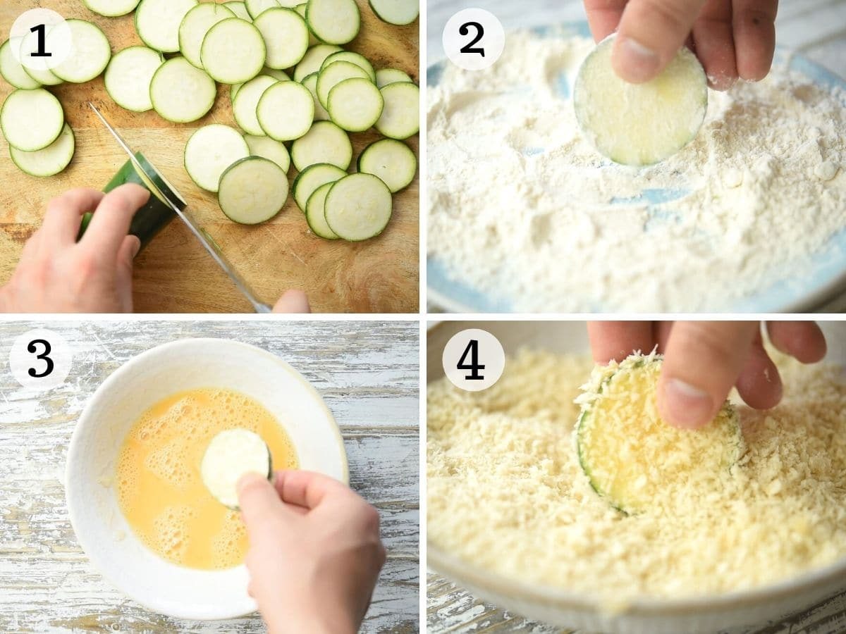 Step by step photos showing how to bread rounds of zucchini