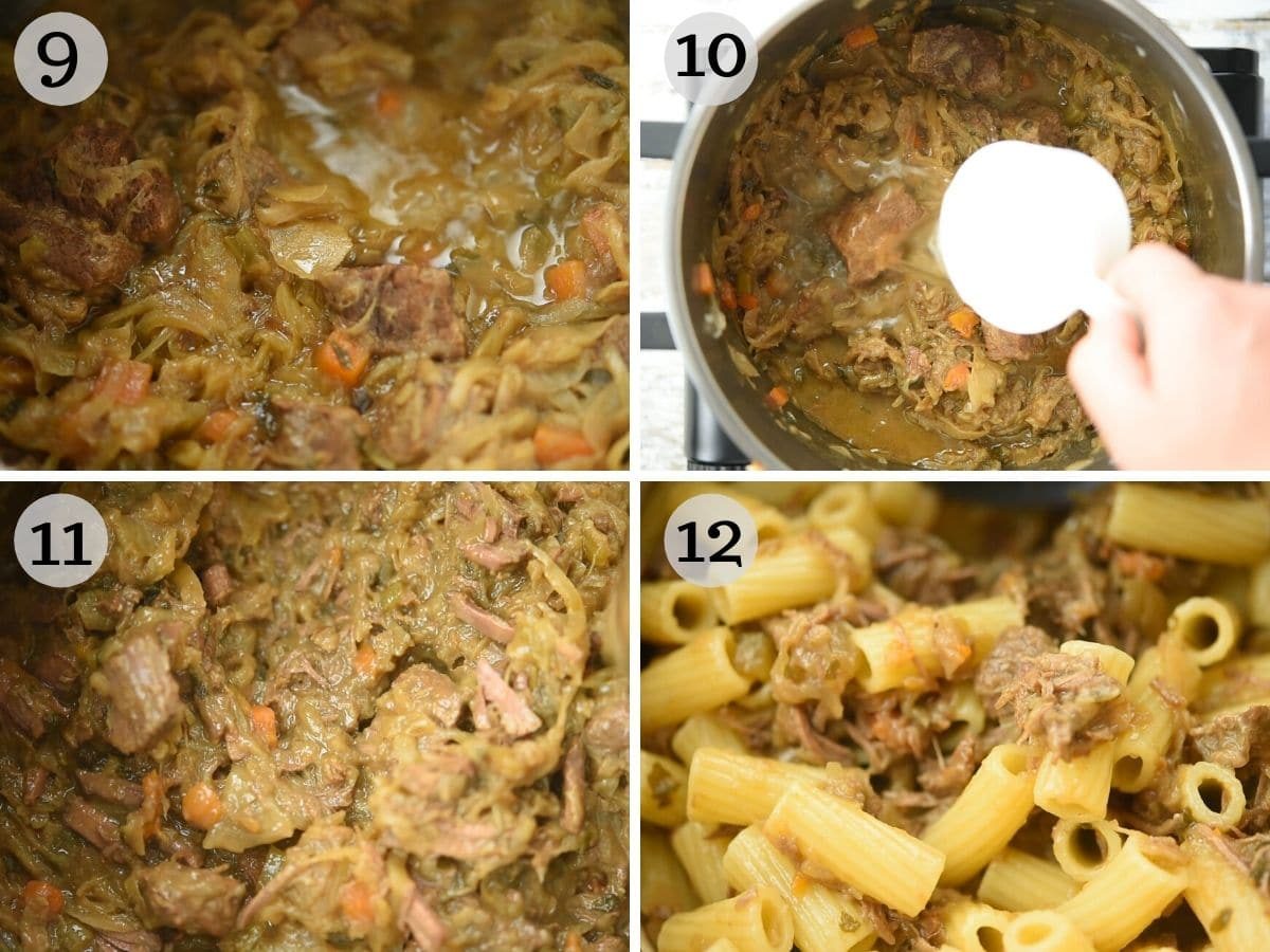 Step by step photos showing how an onion and beef sauce looks once cooked and tossed with pasta