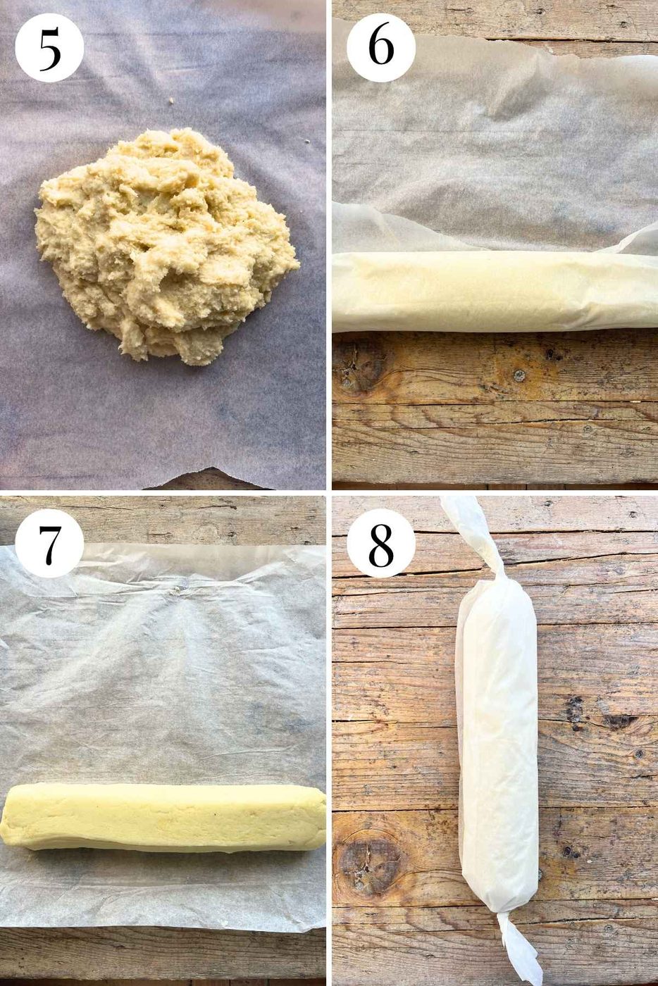 Four photos in a collage showing how to wrap the hot gnocchi dough into a sausage shape using parchment paper.