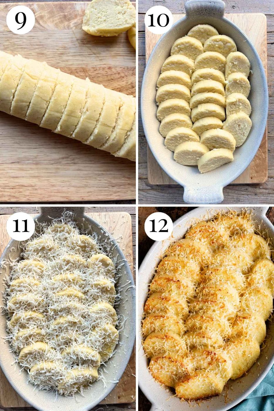 Four photos in a collage showing how to slice and bake the Gnocchi alla Romana.