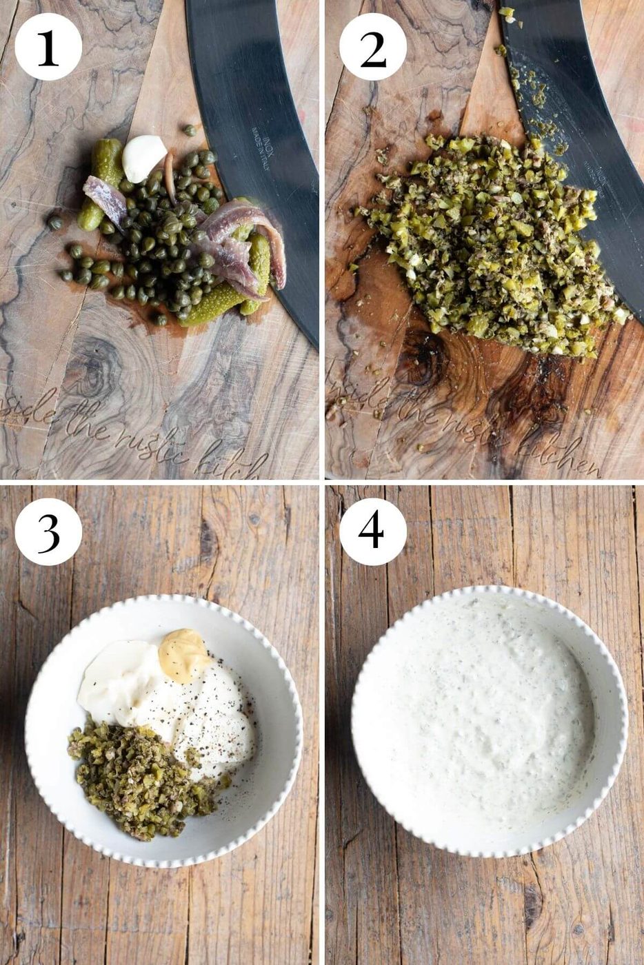 Four photos in a collage showing how to make a creamy caper dressing.