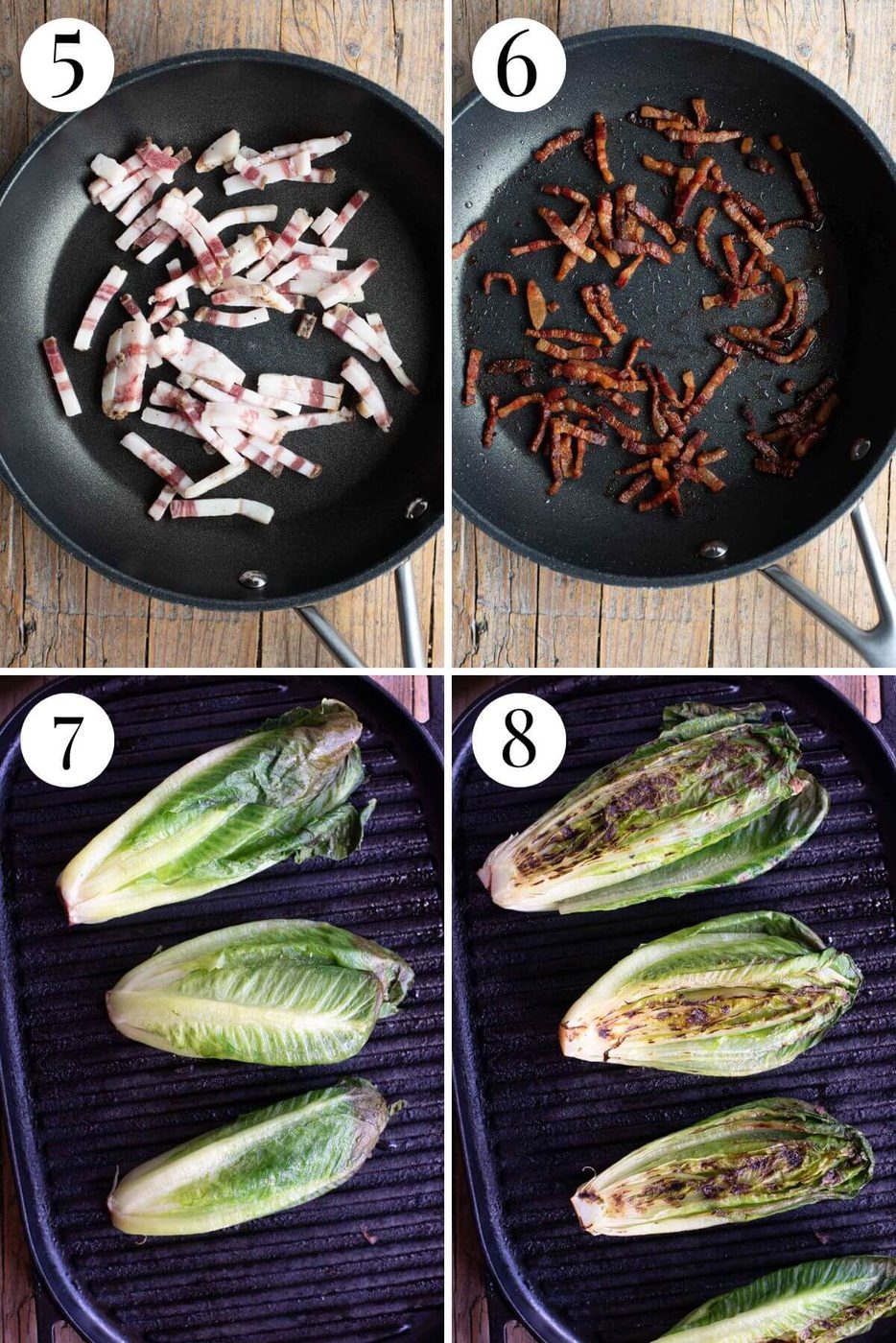 Four photos in a collage showing how to fry pancetta and grill romaine lettuce.