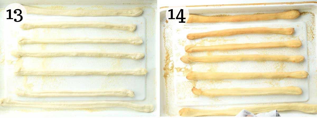 Two photos of Italian breadsticks before and after baking