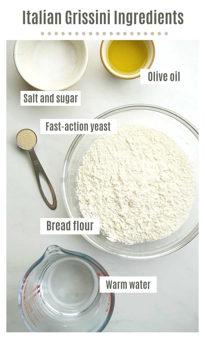An overhead shot of all the ingredients you need to make grissini