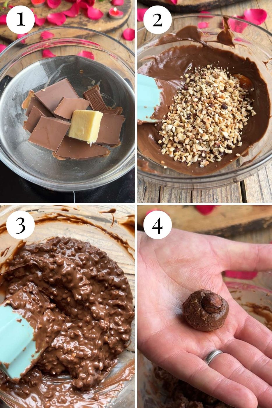 Four photos in a collage showing how to make Italian hazelnut chocolates from scratch.