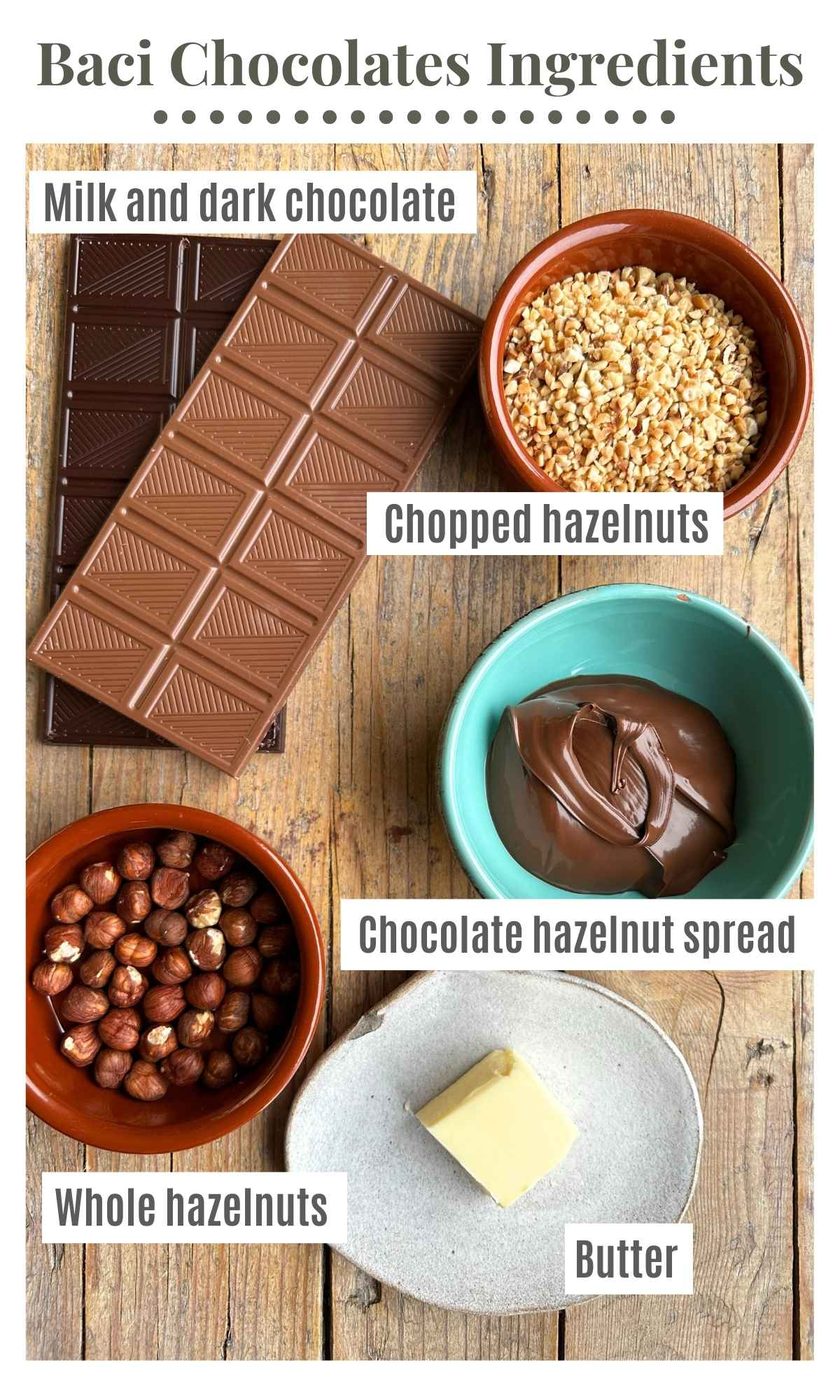 An overhead shot of all the ingredients needed to make homemade Italian Baci chocolates.