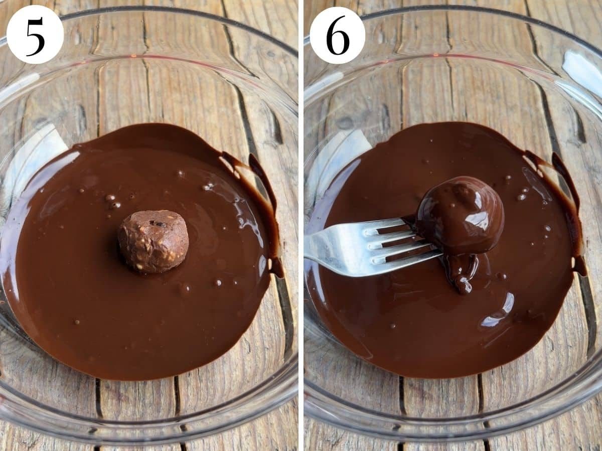 Two photos in a collage showing how to dip the chocolates in melted dark chocolate.