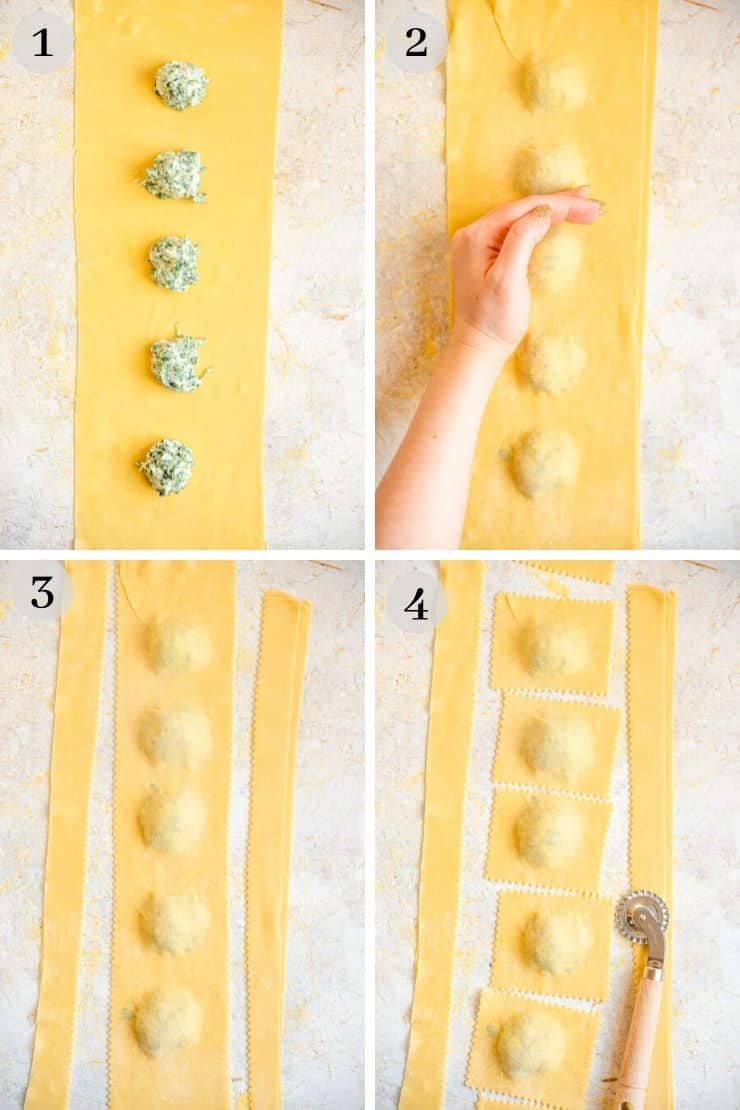 Step by step photos showing how to make ravioli with a pasta wheel