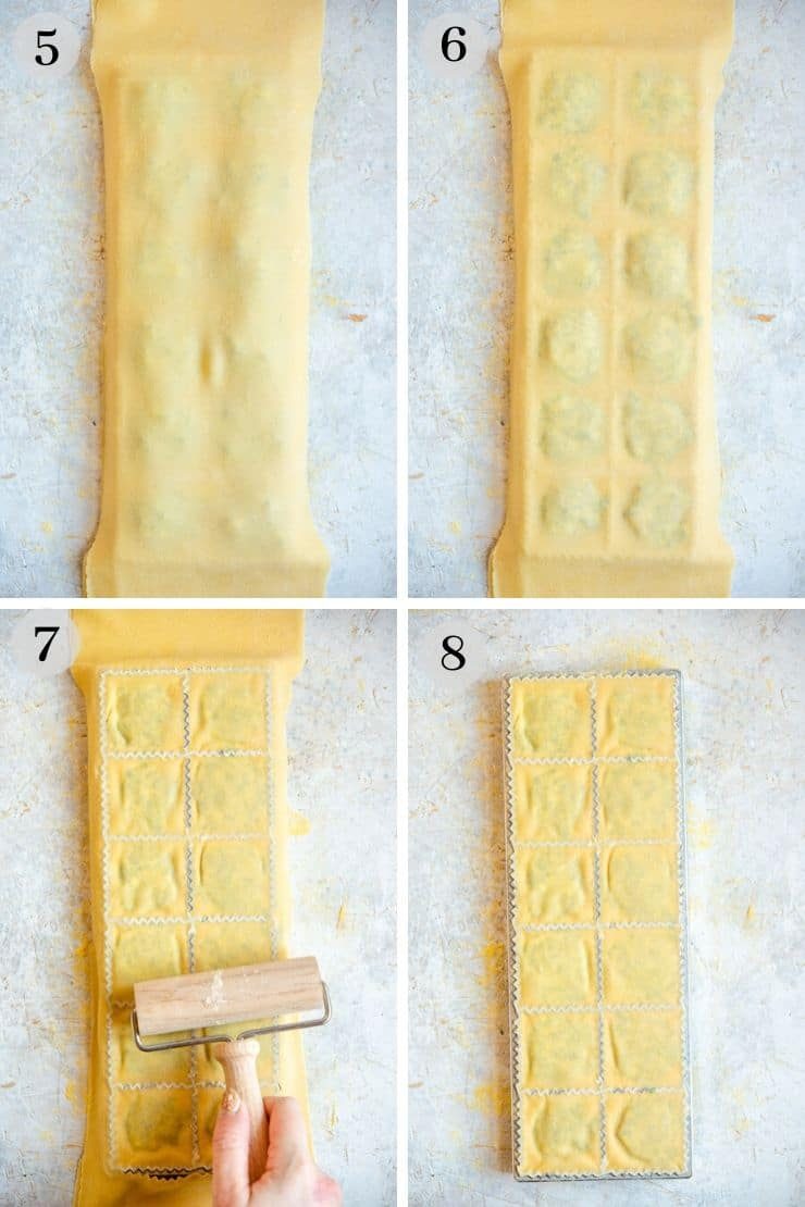 Step by step photos showing how to make ravioli with a ravioli maker