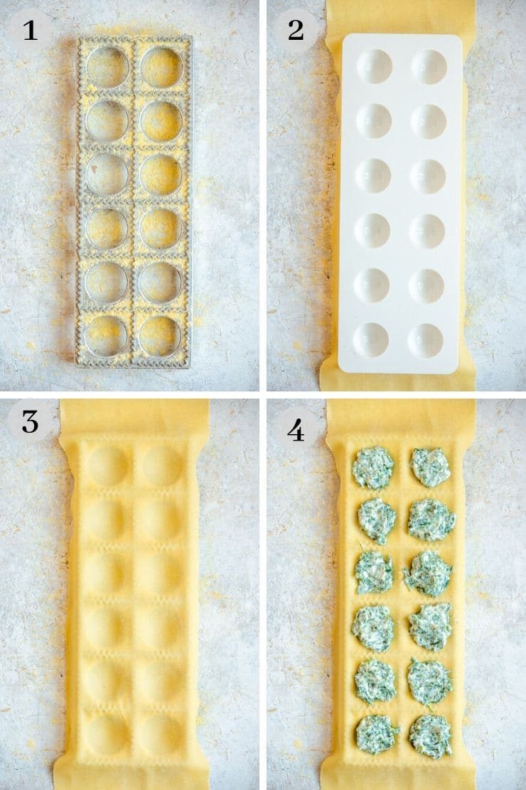 Photos showing how to use a ravioli maker