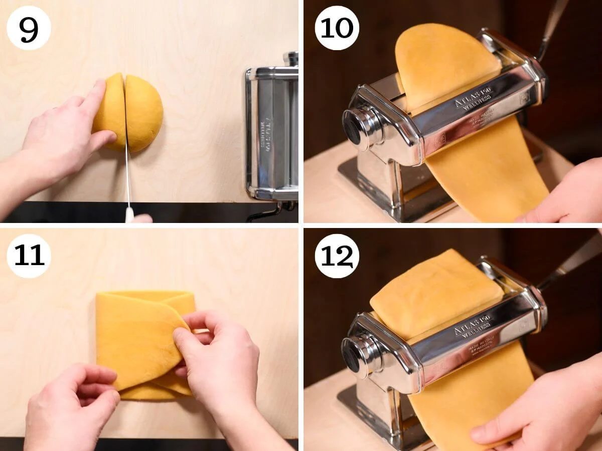 Four photos in a collage showing how to roll out pasta using a pasta machine.