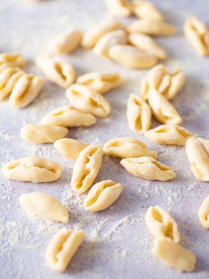 Fresh cavatelli pasta on a work surface
