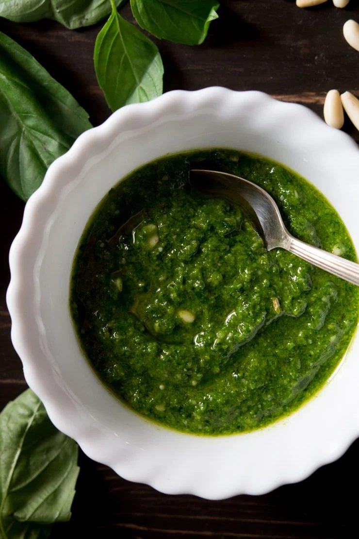 Basil Pesto close up shot in a bowl