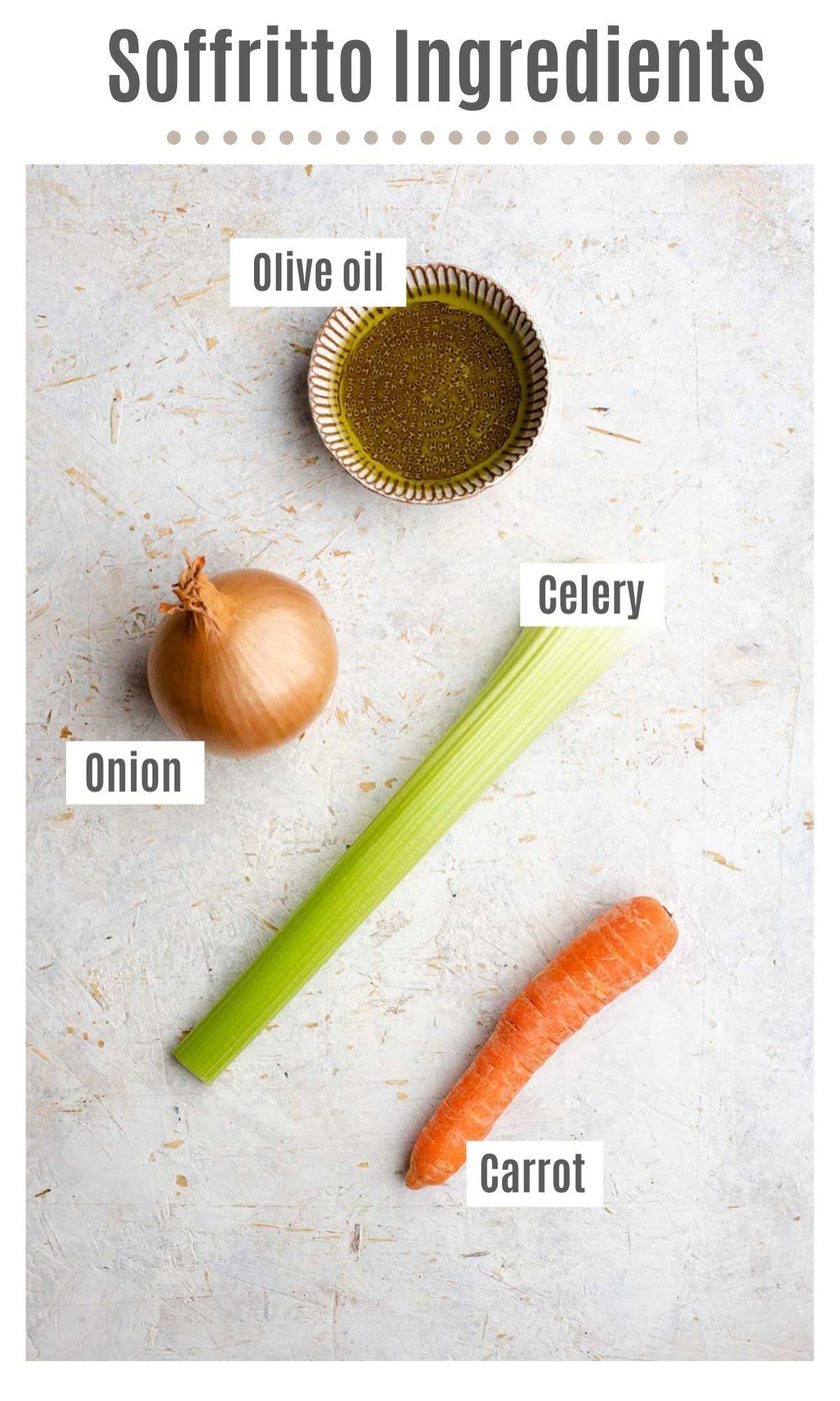 An overhead shot showing all of the ingredients you need to make Italian soffritto