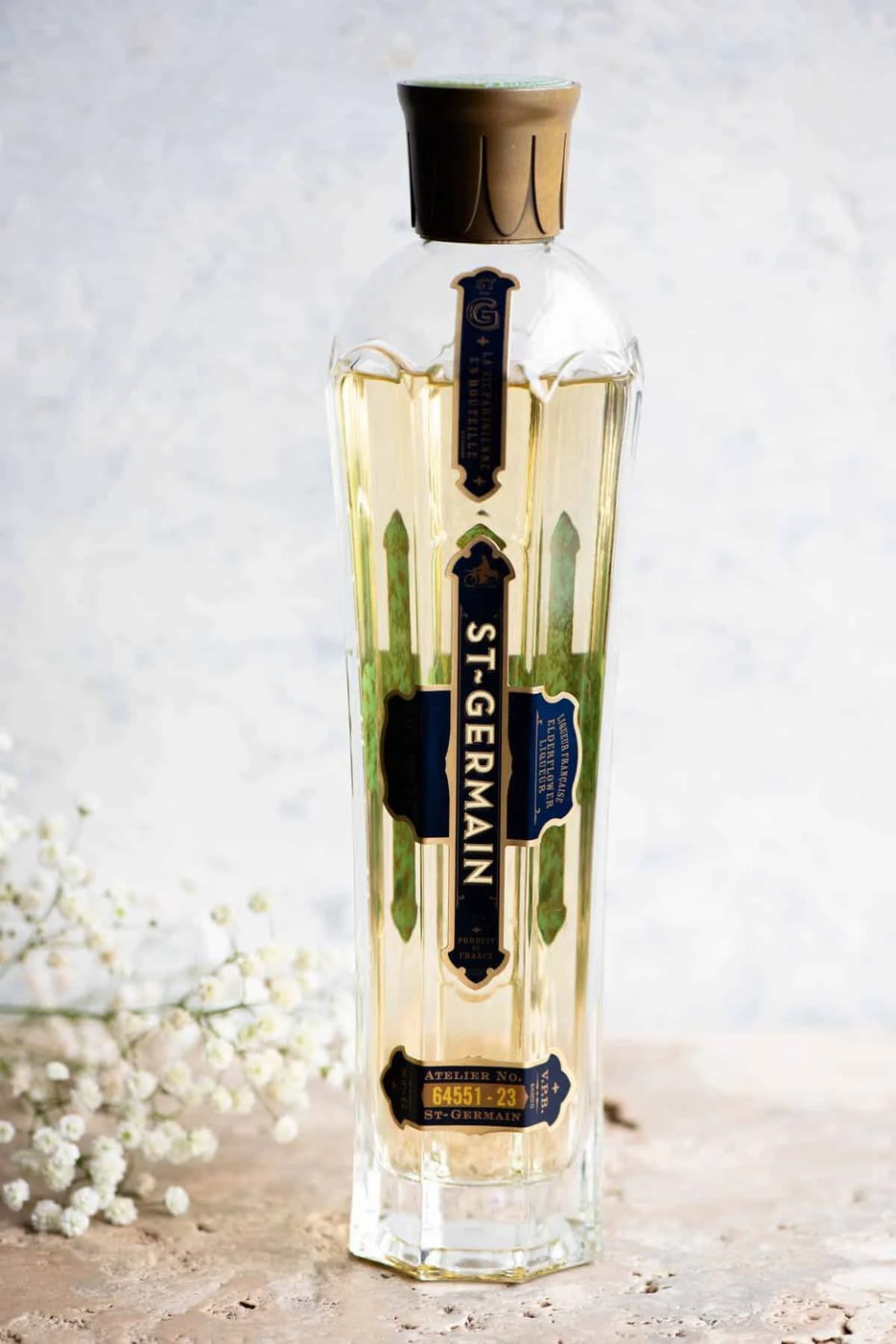 A close up of a bottle of St Germain elderflower liqueur.