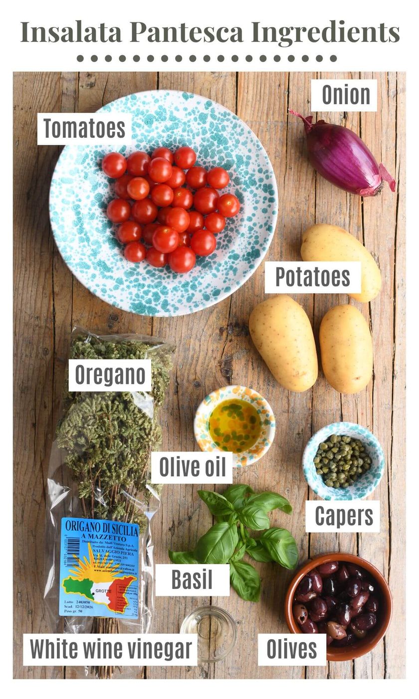 An overhead shot of all the ingredients needed to make a Sicilian potato salad.