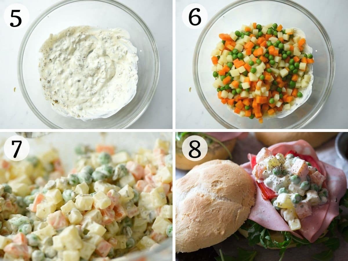 Step by step photos showing how to make russian salad