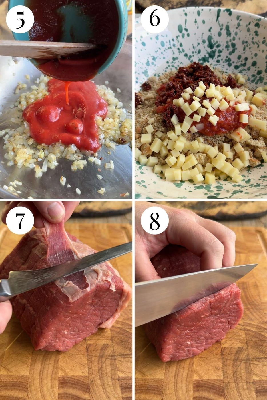 Four photos in a collage showing how to make the involtini filling and slice beef.