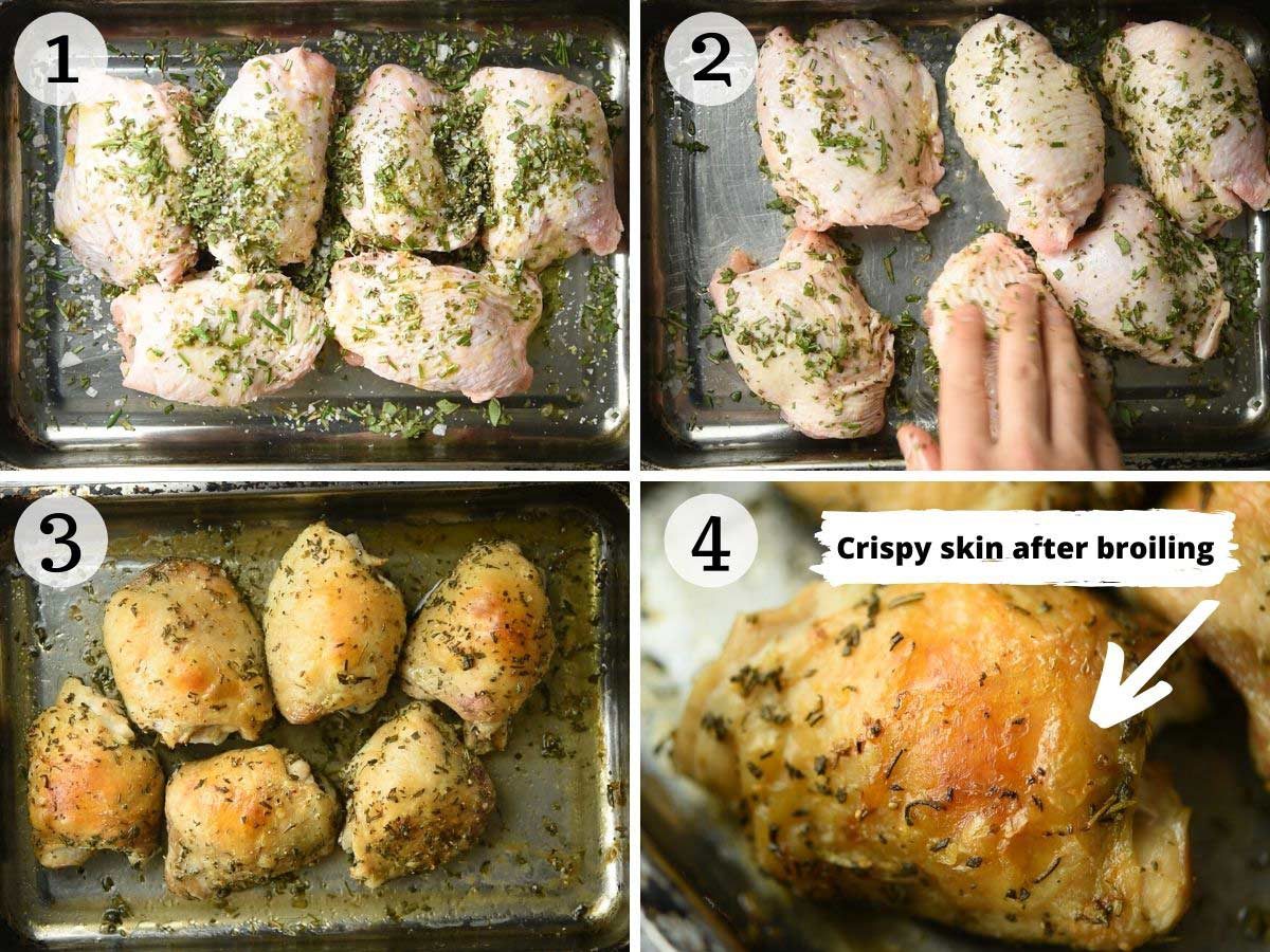 Step by step photos showing how to make crispy Italian baked chicken thighs