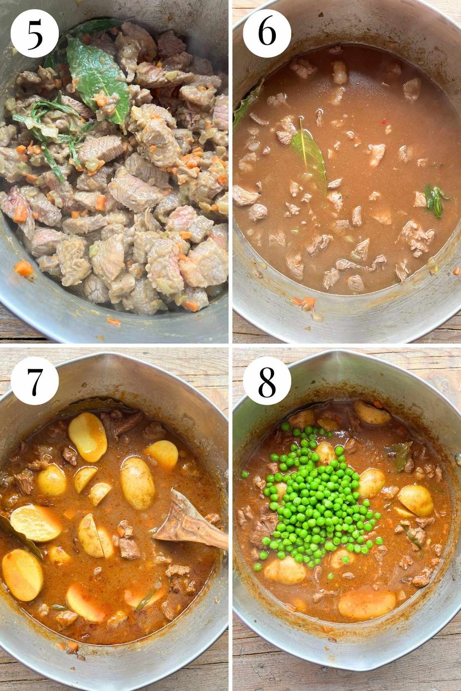 Four photos in a collage showing how to make a beef stew with red wine, stock, potatoes and peas.